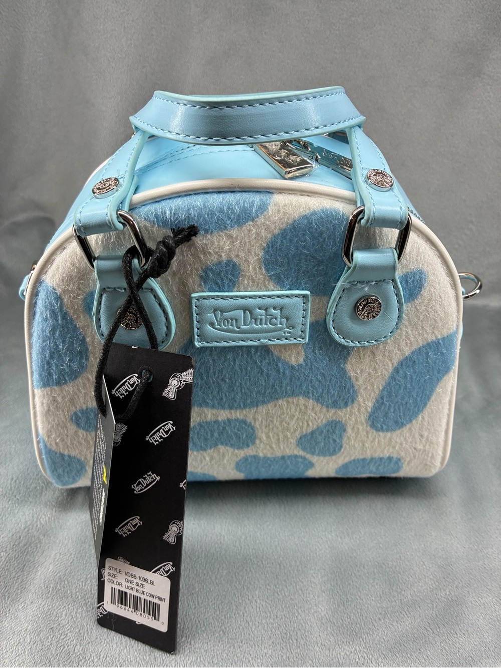 Von Dutch Light Blue & White Cowprint Mini Satchel with Yellow Logo - Picture 2 of 6